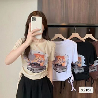 Miki-Shop*พร้อมส่งเสื้อยืดแขนสั้นพิมพ์ลายรูดเชือก2ข้าง ใส่เข้ารูปน่ารัก52161*