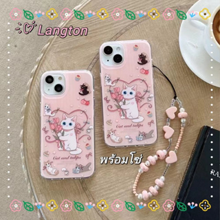 🌈Langton🌸สไตล์สร้อยข้อมือ เส้นขอบโปร่งใส ป้องกันการหล่น ขอบเต็ม iphone 11 14 pro max การ์ตูน ลูกแมวcase for iPhone 12 13