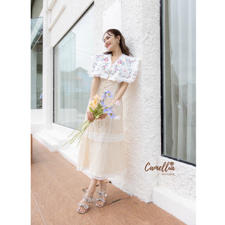 CAMELLIA:Maxidress ลูกไม้สีครีมแต่งปกเสื้อลาย(*สอบถามสต๊อกก่อนกดสั่งน๊า)