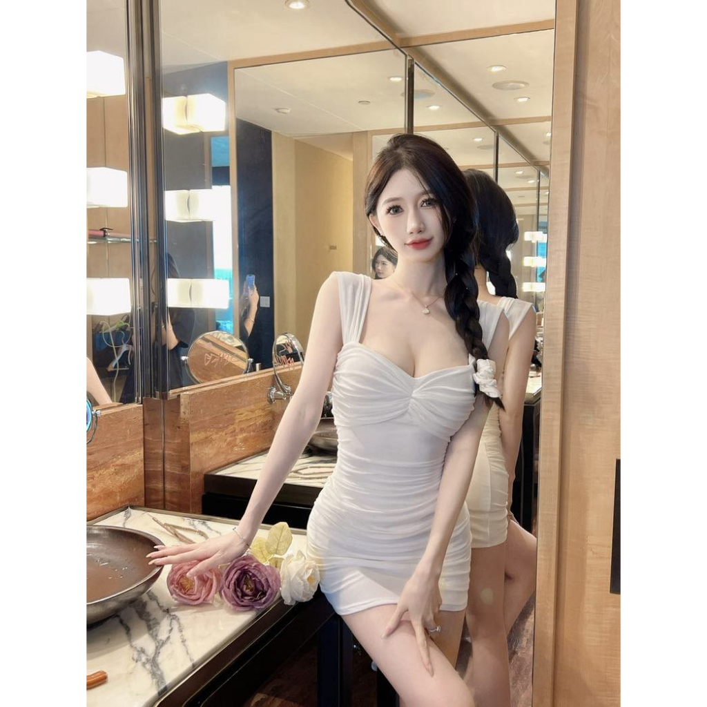 พร้อมส่ง เดรสสั้น เดรสสไตล์เกาหลี งานนำเข้า ใส่แบบปาดไหล่ น่ารักมาก