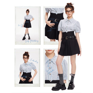 Ntot ชุดเซ็ทชุดนักเรียนเกาหลี ญี่ปุ่น preppy girl Stripes Wave Placket Short Sleeve Shirt Embroidered Logo Shirt