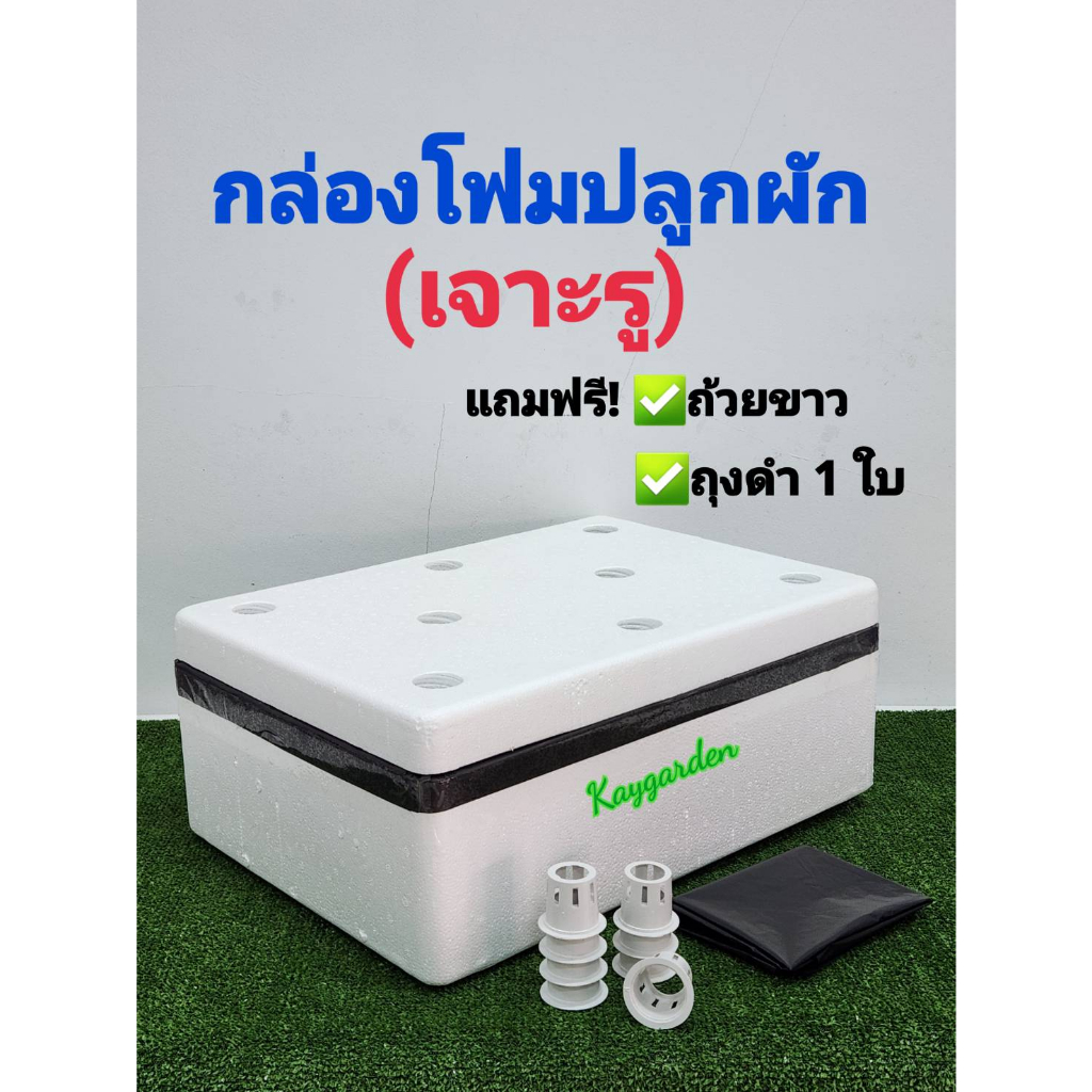 กล่องโฟมปลูกผัก กล่องกุ้ง ปลูกผักไฮโดร ขนาด 10 กก เจาะรูพร้อมปลูก แถมถุงดำพอดีกล่องและถ้วยขาวเกรด A จำนวนเท่ารูเจาะ