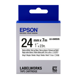 เทปพิมพ์ อักษร ฉลาก ไวนิล Epson LK-6WBVN อักษรดำบนพื้นไวนิลขาว 24 มม. ความยาว 7 เมตร