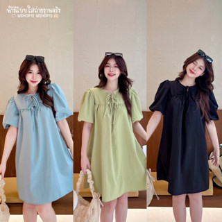 W12(SEA)💖ชุดเดรสสั้นแขนพอง ทรงโอเวอร์ไซส์ผูกโบว์หน้า สไตล์เกาหลีน่ารักลูกคุณหนู