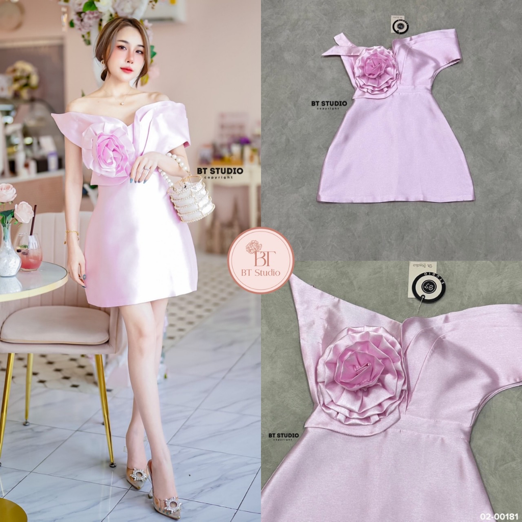 BT 02-00181 เดรสสั้นปาดไหล่ พร้อมส่ง