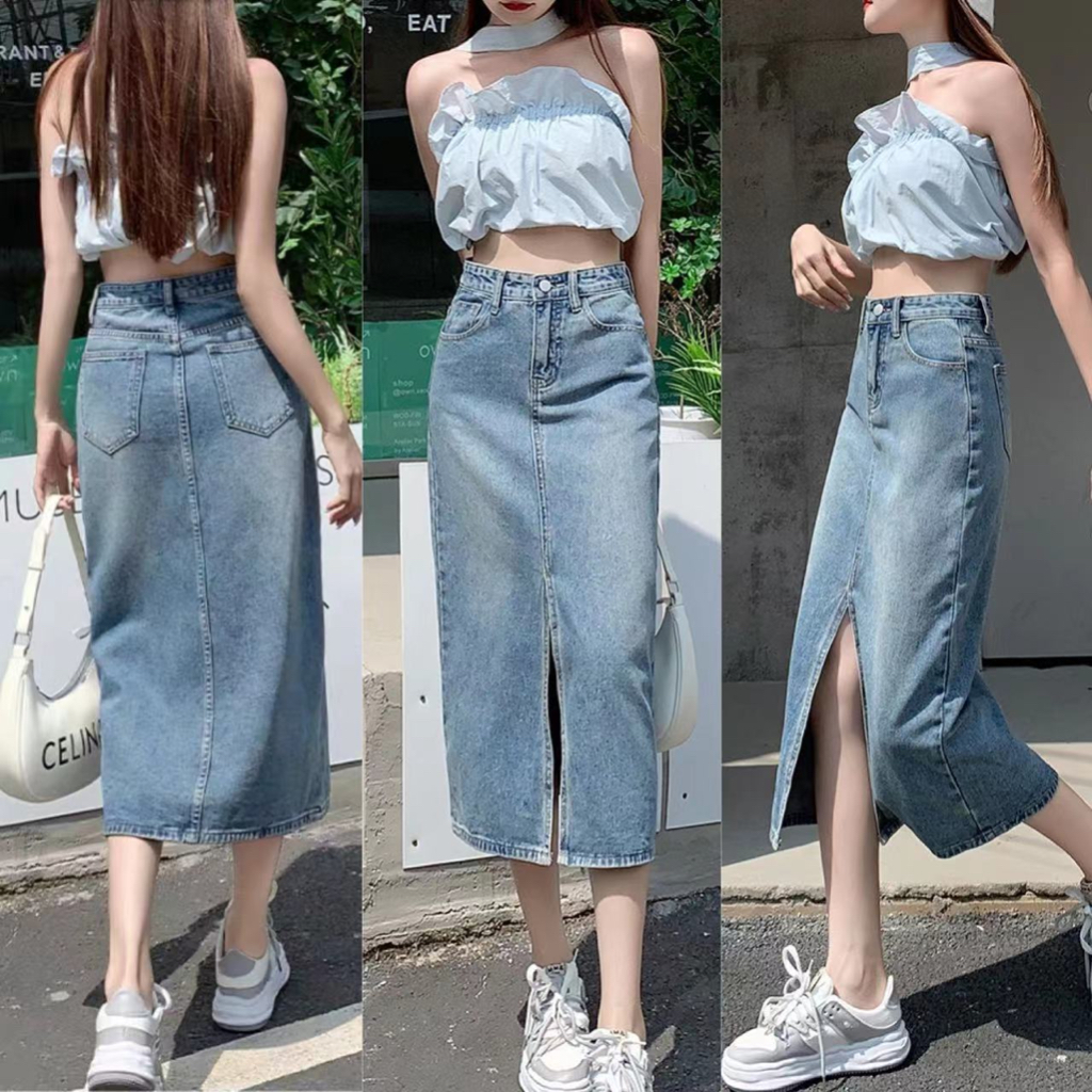 มีไซซ์ XS-XL กระโปรงยีนส์ยาว ผ่าหน้า ผ่าหน้า กระโปรงยาวสไตล์เกาหลี