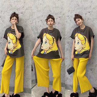 SGH0176 ชุดเซ็ต Freesize เสื้ออลิส+กางเกงขายาวอัดพีทเหลือง ผ้านิ่ม ใส่สบาย