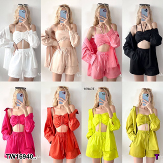 👗Pfashion [ส่งไวมาก🚛] P16940 Set 3 ชิ้น เสื้อเชิ้ต + สายเดี่ยว + กางเกงขาสั้น ..