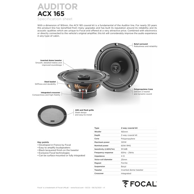 FOCAL ACX 165 เครื่องเสียงรถยนต์ ดอกลำโพง ลำโพงรถยนต์ ลำโพงแกนร่วม 6.5 นิ้ว 1คู่