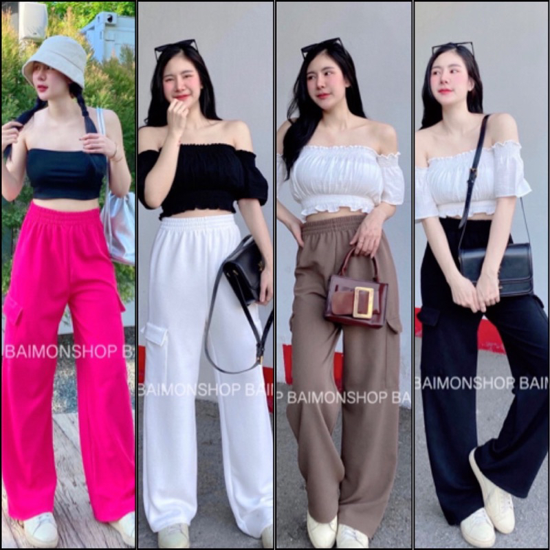aimorn_shop กางเกงขายาวทรงคาร์โก้ สไตล์Y2K ผ้ามูลเวฟ ผ้านิ่มอยู่ทรง ขากระบอกเอวสูง ผ้าใส่สบายมากๆ