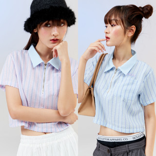 prey เสื้อเชิ้ตครอป zip stripe shirt