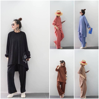 📌ชุดset ผ้ายืดเปลือกไม้ นุ่ม เสื้อหน้าสั้นหลังยาว กางเกงขายาวยางรอบเอวมีเชือกรูด มีกระเป๋าด้านข้าง อก46-50"