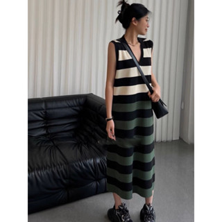 🌈🌿🌸🌼🌺💚🤎🇰🇷Knit V Stripe Sleeveless Maxi Dress