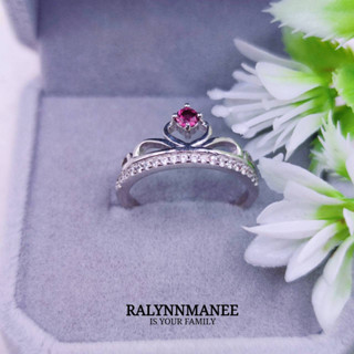 I6483 แหวนพลอยรูเบลไลต์แท้ ( Rubellite ) ตัวเรือนเงินแท้ 925 ชุบทองคำขาว ไซส์ 53 แก้ไซส์ฟรี