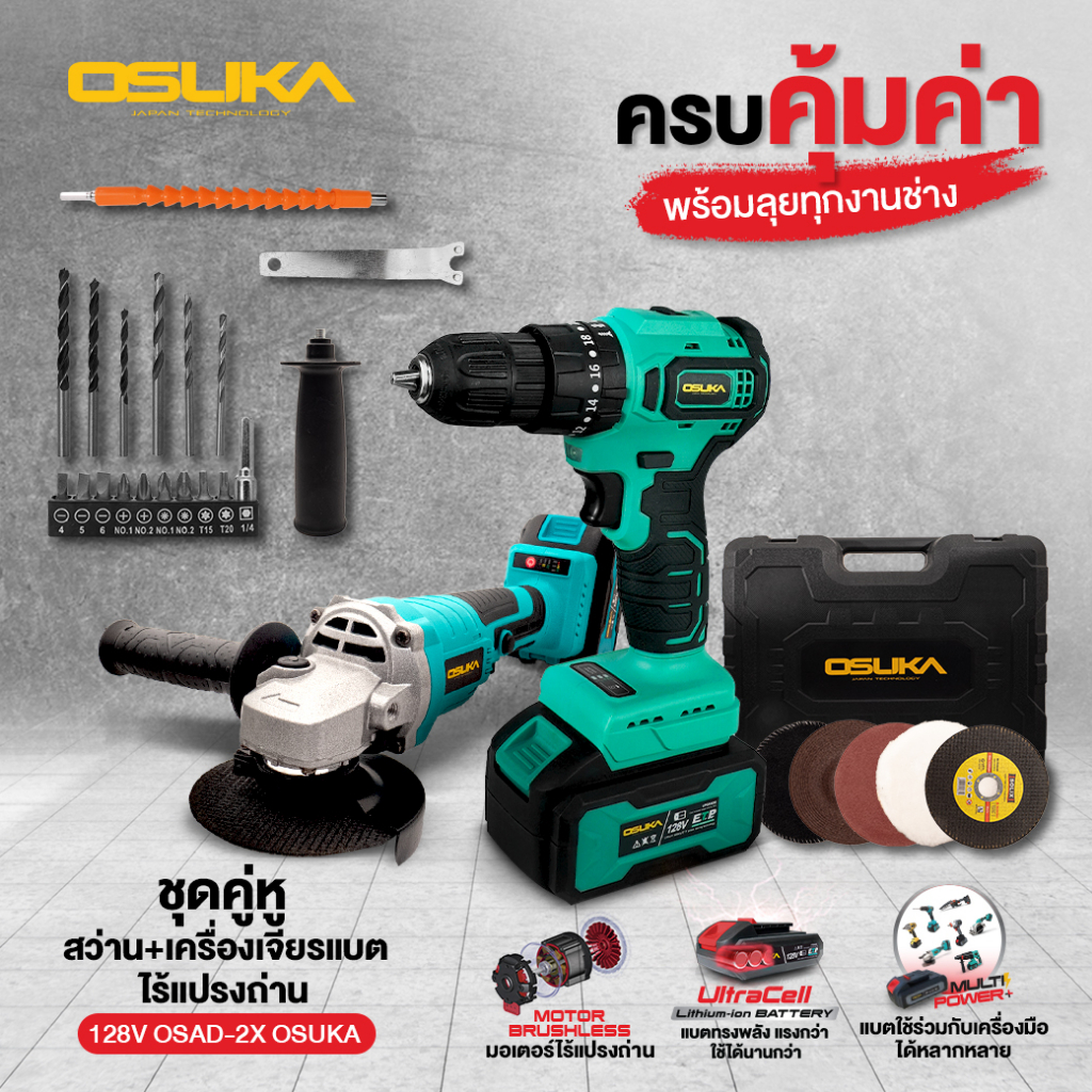 (ถูกสุด) ชุดคอมโบ้ ได้สว่านแบต 3 ระบบ ไร้แปรงถ่าน 20v osuka 1 ชิ้น ได้เครื่องเจียรแบตไร้แปรงถ่าน 20v 1 ชิ้น OSAD-2X