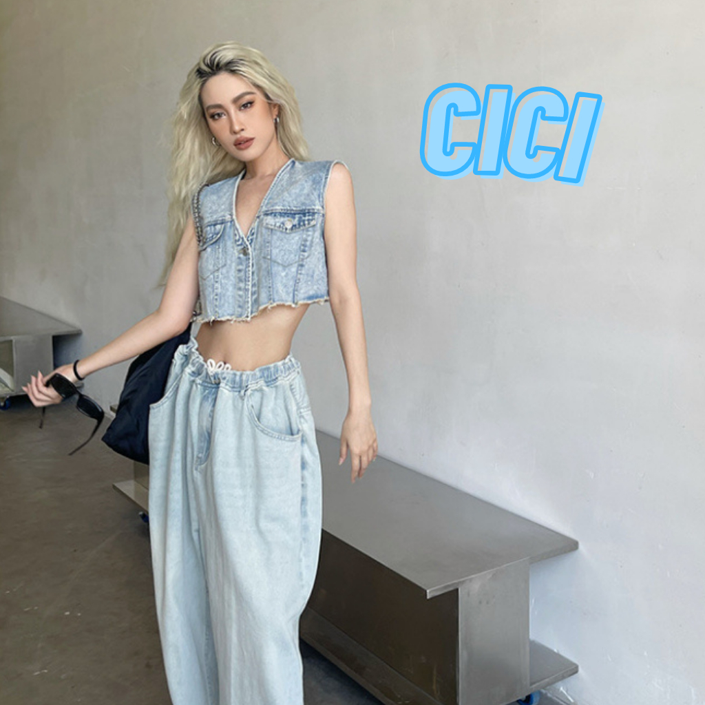 Cici(NO.605)เสื้อครอปยีนส์แขนกุด สายลุย ดีเทลปลายลุ่ย สายแซ่บห้ามพลาด
