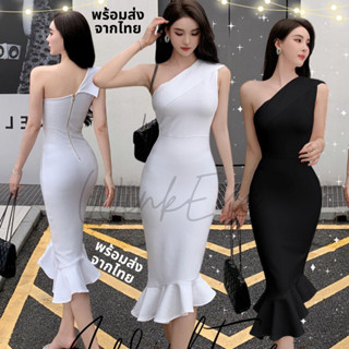 (Dress5-175)พร้อมส่ง Dress เดรสไหล่เฉียง ชายระบาย เดรสออกงาน กระโปรงคลุมเข่า ดินเนอร์ งานกลางวัน ชุดพอดีตัว รัดรูป