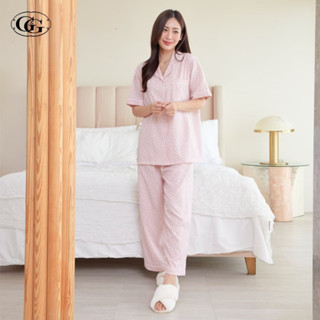 G&amp;G Nightwear รุ่น EN7P16 ชุดนอน เสื้อแขนสั้นคอปก + กางเกงขายาว ลายดอกไม้ ผ้าไหมอิตาลี สี PI