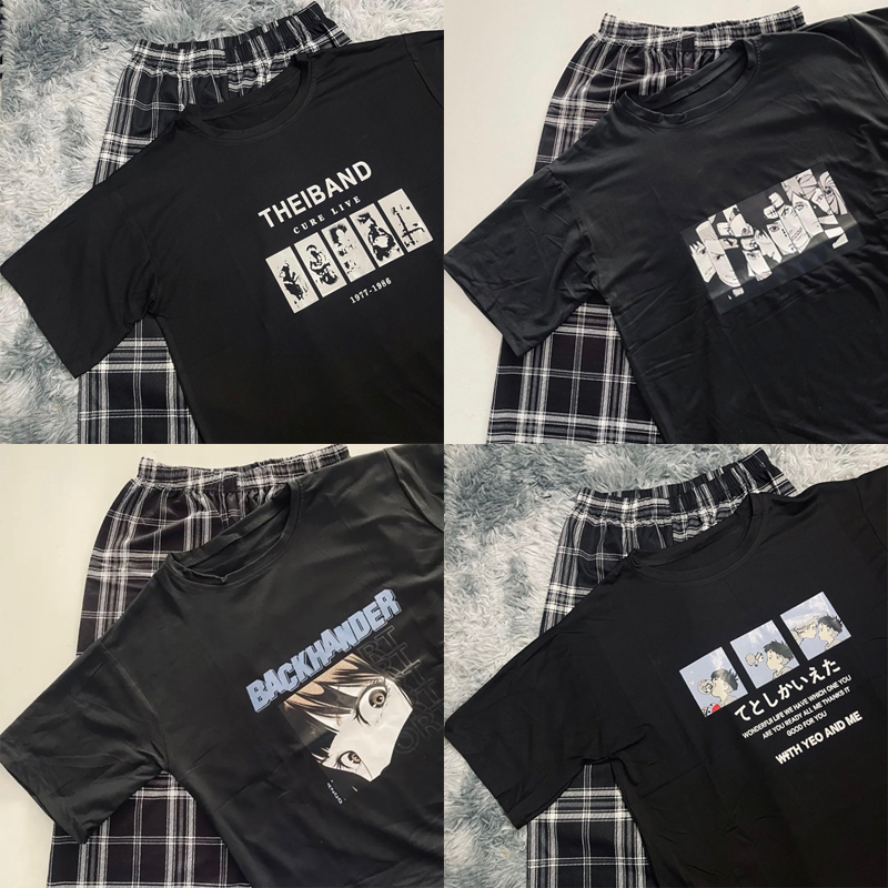 ชุดเซ็ทกางเกงลายสก๊อต+เสื้อยืดโอเวอร์ไซส์ลายการ์ตูนน่ารักๆ