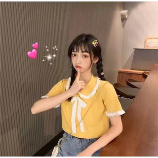 DODO🌟พร้อมส่ง🌟เสื้อไหมพรม แต่งขอบระบาย ผูกโบว์หน้า น่ารักสไตล์คุณหนู(5108)
