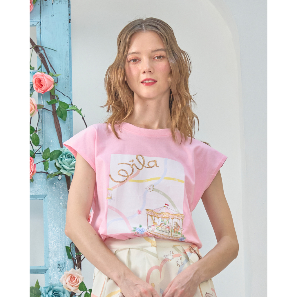 Wila-Luna SleevelessT-Shirt เสื้อยืด Cotton 100% คอกลมแขนกุด สีชมพู พาสเทล แขนสั้นสกรีนลายเครื่องเล่น สัตว์ และดอกกุหลาบ