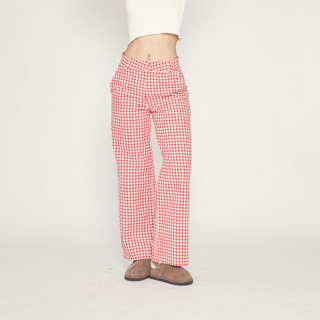 Molivien - RED GINGHAM CARGO PANTS (not too many pockets ver.) กางเกงขายาว ทรงกระบอก ลายสก็อตแดง