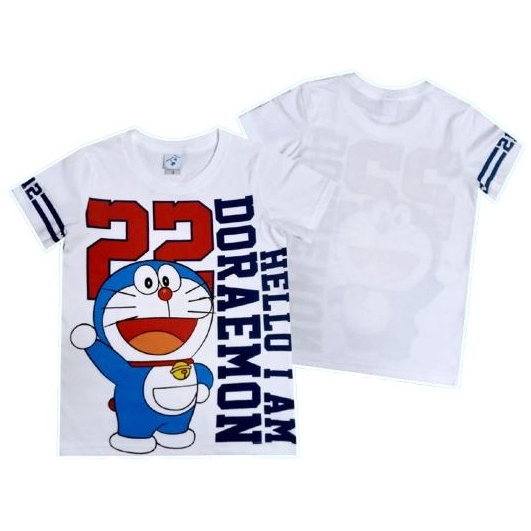 เสื้อยืดสีขาวคอตตอน เสื้อผ้าลายการ์ตูนลิขสิทธิ์แท้ เด็กผู้หญิง/ผู้ชาย เสื้อแขนสั้น Doraemon โดราเอมอ