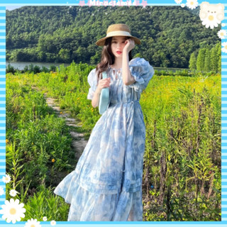 Blue Flower Maxi Dress เดรสลายดอกไม้ แขนตุ๊กตา โทนสีฟ้าขาว เดรสลายดอก เดรสกระโปรงยาว งานป้าย