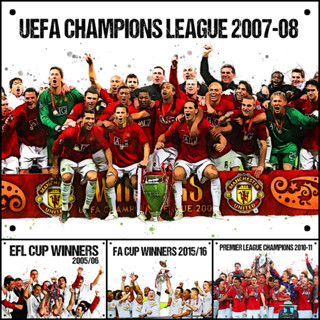 โปสเตอร์เหล็ก รวมทุกแชมป์ของแมนยู โลหะสกรีนลาย Manchester United Trophy, PREMIER LEAGUE, CHAMPIONS LEAGUE ฯลฯ