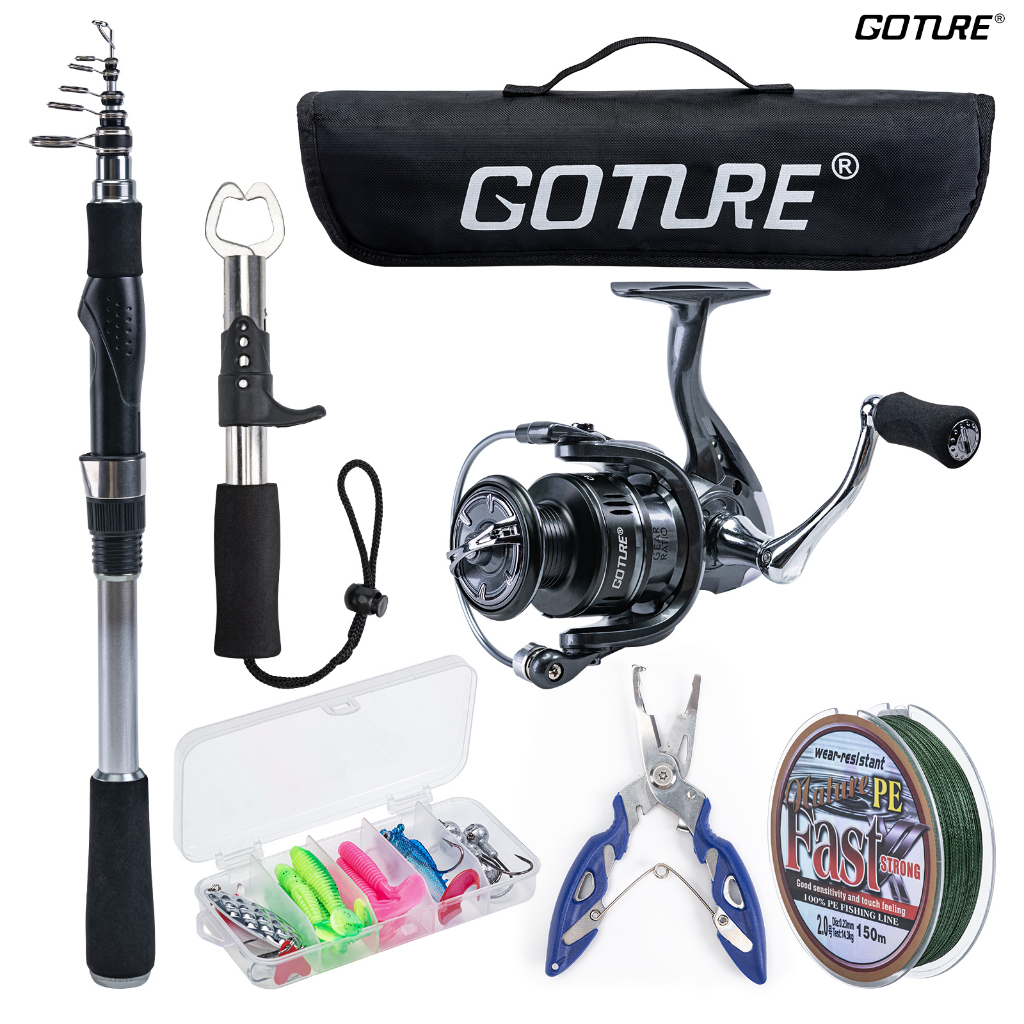 GOTURE คันเบ็ดตกปลาครบชุด คันเบ็ด+รอก+เหยื่อ+สายเอ็น+กริปเปอร์+กระเป๋า นำเข้า จัดส่งจากไทย