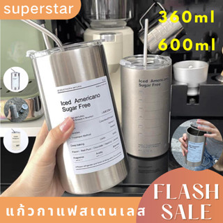 แก้วกาแฟสเตนเลส มีหลอดดูดแถมให้  ขนาดใหญ่600 มล.  สไตล์อเมริกัน คุณภาพ304  กระดิ่งใส่น้ำชา