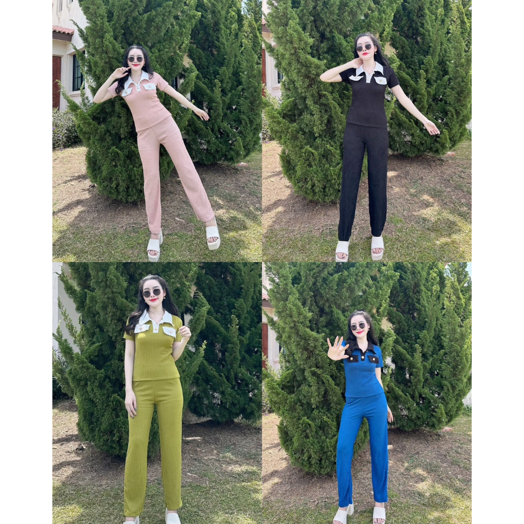 พร้อมส่ง ชุดเซต เสื้อคอปกทูโทน+กางเกง (B3) A1687