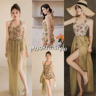 Mookrinstyle ชุดว่ายน้ำวันพีช พร้อม กระโปรงผ้าคลุม ผ้าพิมพ์ลายดอก บอดี้สูทสีเหลือง ผูกคอ ชุดไปทะเล bikini สาวแฟชั่น