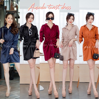 AMADA twist dress เดรสเชิ้ตทวิสเอว ผ้าซาตินโมนิก้า อย่างดี มียางหลัง งานป้าย vera