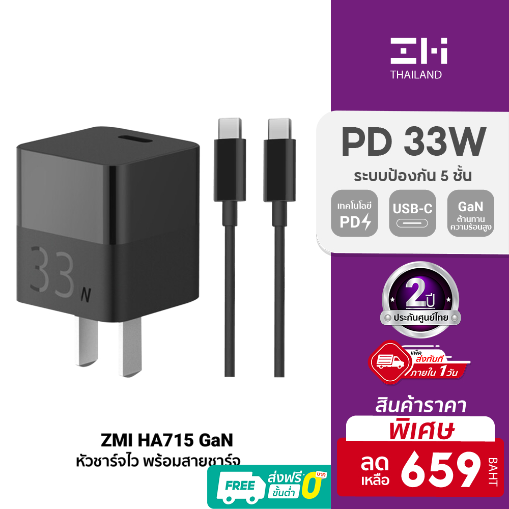 [ราคาพิเศษ 659บ.] ZMI HA715 Gan 33W หัวชาร์จ + สาย USB-C to USB-C รองรับ PD/QC/SFC/Mi Turbo Charge -2Y