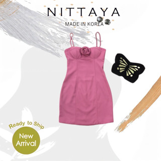 NITTAYA:เดรสสายเดี่ยวชมพูแต่งด้วยดอกไม้ (*รบกวนเช็คสต๊อกก่อนกดสั่งซื้อ)