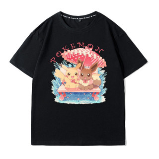 Pokémon Pokemon เสื้อยืดแขนสั้นการ์ตูนอะนิเมะ Pikachu คู่นักเรียนสวมผ้าฝ้ายพิมพ์ลายยอดนิยม