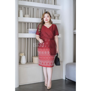 Ranida-สีแดง Plus size Fashionสาวอวบสาวอ้วน เดรสผ้าฝ้ายทอลายไทยไปงาน ไปทำงาน ได้หลากหลายโอกาส ลุคเรียบหรู