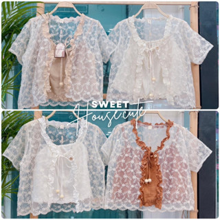 ❥SweetHouse 🧸 ชุดเซต 2 ชิ้น สายเดี่ยว&amp;เสื้อคลุมลูกไม้น่ารักมั้ก