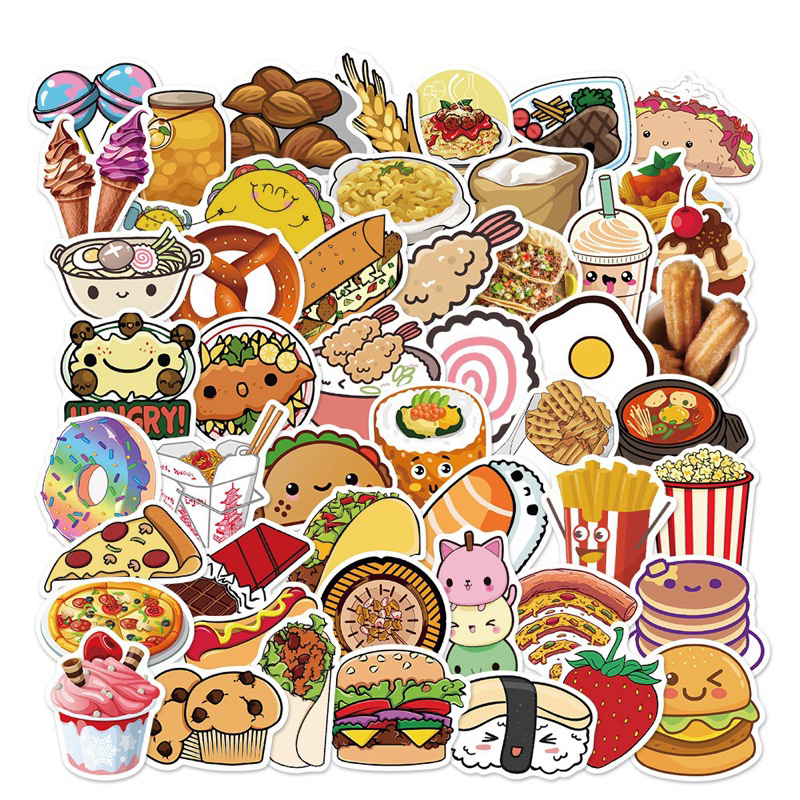 พร้อมส่ง สติ๊กเกอร์อาหาร 50 ชิ้น PVC กันน้ำ สติ๊กเกอร์ไดคัท