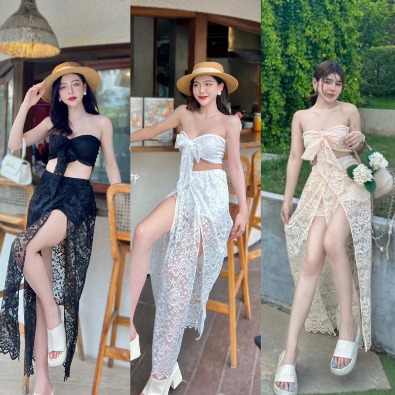 Teera พร้อมส่ง เซตลูกไม้ พริ้วๆ มีซับใน ผูกโบว์หน้าช่วงอก กระโปรงผ่า2ข้าง ป้ายGoodluck สวย แซ่บ ใส่ไปทะเล Goodluck