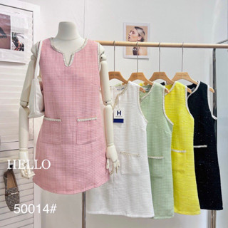 มินิเดรสแขนกุด คอวี พร้อมกระเป๋าคู่หน้า แต่งขอบดิ้นทอง น่ารักๆ #H50014