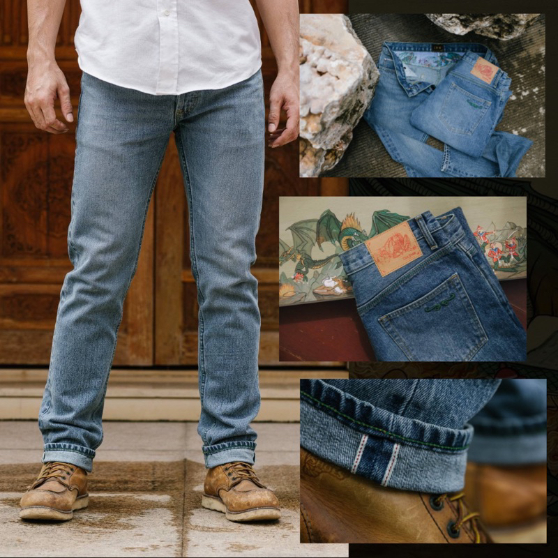 𝐊𝐡𝐞𝐧 𝐃𝐞𝐧𝐢𝐦 รุ่น​ มังกร ผ้าฟอก 𝟏𝟓 𝐨𝐳. ริมแดง 𝐒𝐥𝐢𝐦𝐟𝐢𝐭 กางเกงยีนส์ผู้ชาย ทรงกระบอกเล็ก [ลิขสิทธิ์แท้]