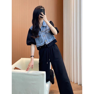 🌈🌿🌺🌼🌸💙🤎🧡🇰🇷 Jeans Patch Cotton Crop&amp;Long Pant Set