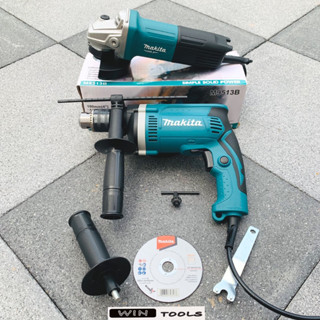 Makita สว่าน สว่านไฟฟ้า 5 หุน รุ่น HP1630 - 710W รุ่นงานหนัก +Makita หินเจียร 4นิ้ว รุ่น M9513 - 850W แถมใบตัดเหล็ก 1 ใบ