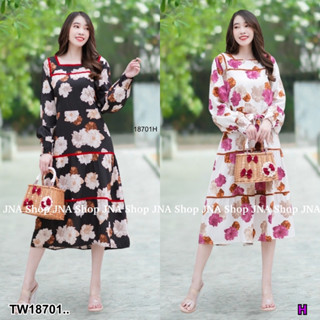 18701 เดรสลายดอกใหญ่ แต่งริบบิ้น Big flower pattern dress decorated with ribbon