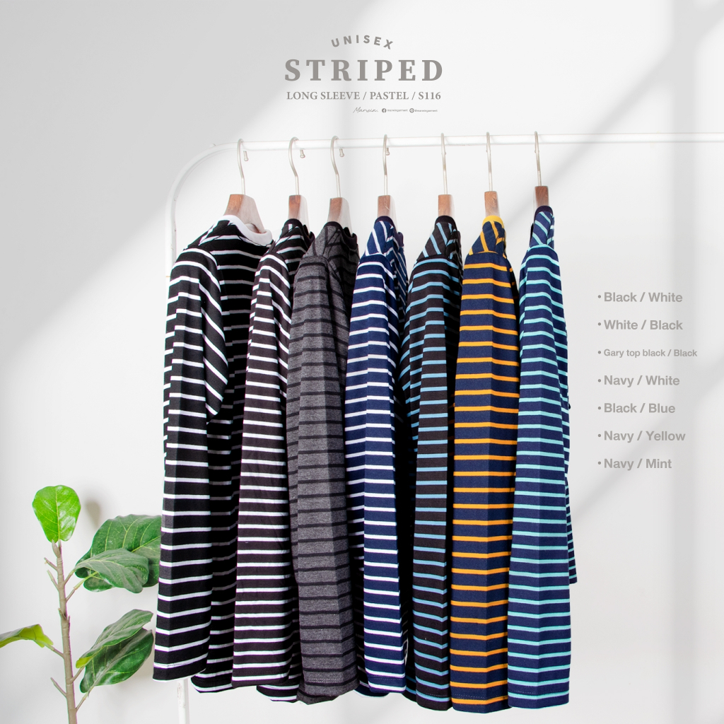 (B2)S116เสื้อยืดแขนยาวลายทางหลากสี สีน่ารัก ผ้าคอตต่อนเนื้อนุ่ม ทรง Unisex