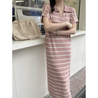 🌈🌿🌸🌺🌼💖🤎🧡🇰🇷 Knit Stripe V Polo Maxi Dress