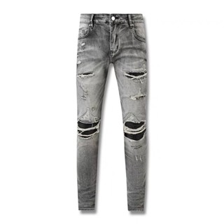 AMIRI gray hole patch micro-elastic slim-fit skinny feet jeans