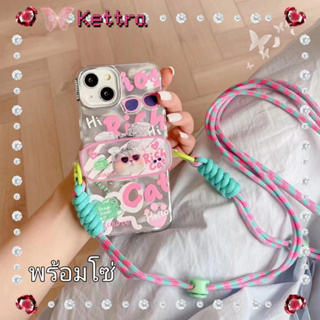 💜Kettra💜รุ่นโซ่ ป้องกันการหล่น ขอบเต็ม iPhone 11 14 pro max การ์ตูน ลูกแมว เคสใส สีชมพู น่ารัก case for iPhone 12 13